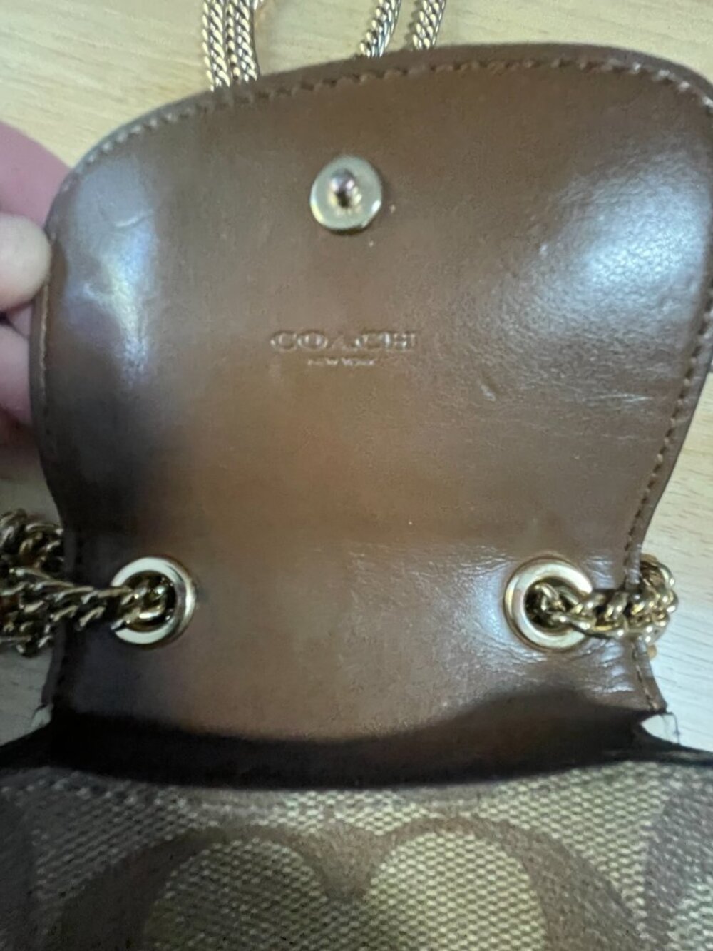Coach Signature Phone Crossbody Wallet Chain Strap Brown Khaki PVC - Picture 2 of 14